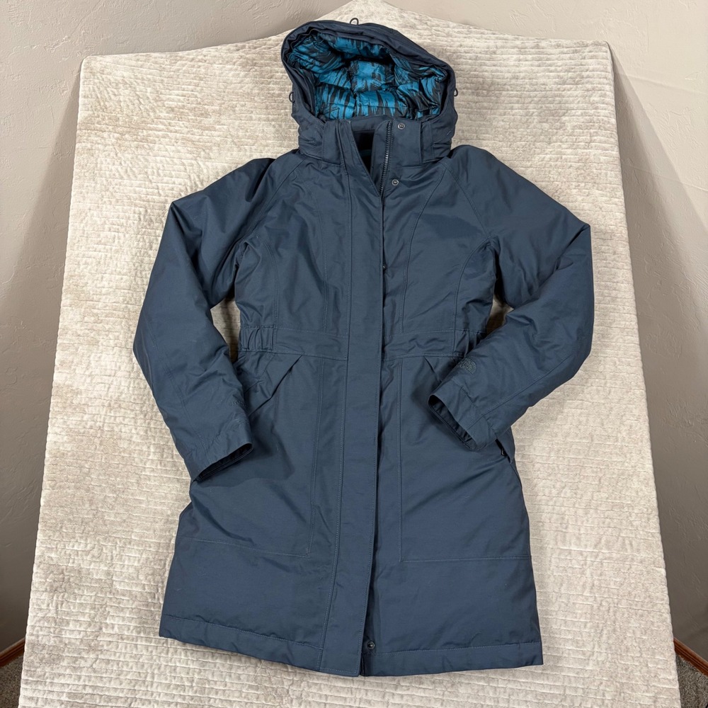 The North Face Arctic Down Parka Navy Blue Hooded Winter Jacket Womens Small